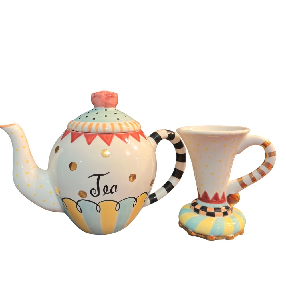 Whimsical Teapot Mug Set Harlequin Polka Dot Striped MacKenzie Childs Style Tea